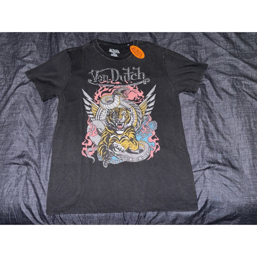Von Dutch M Black Pink Blue Vintage Style Rhinestone Snake Yellow Tiger T-Shirt
